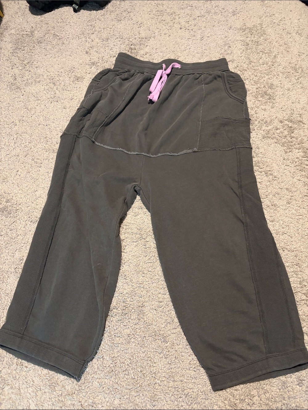 Free People Olive Green Cropped Joggers with Pink Drawstring